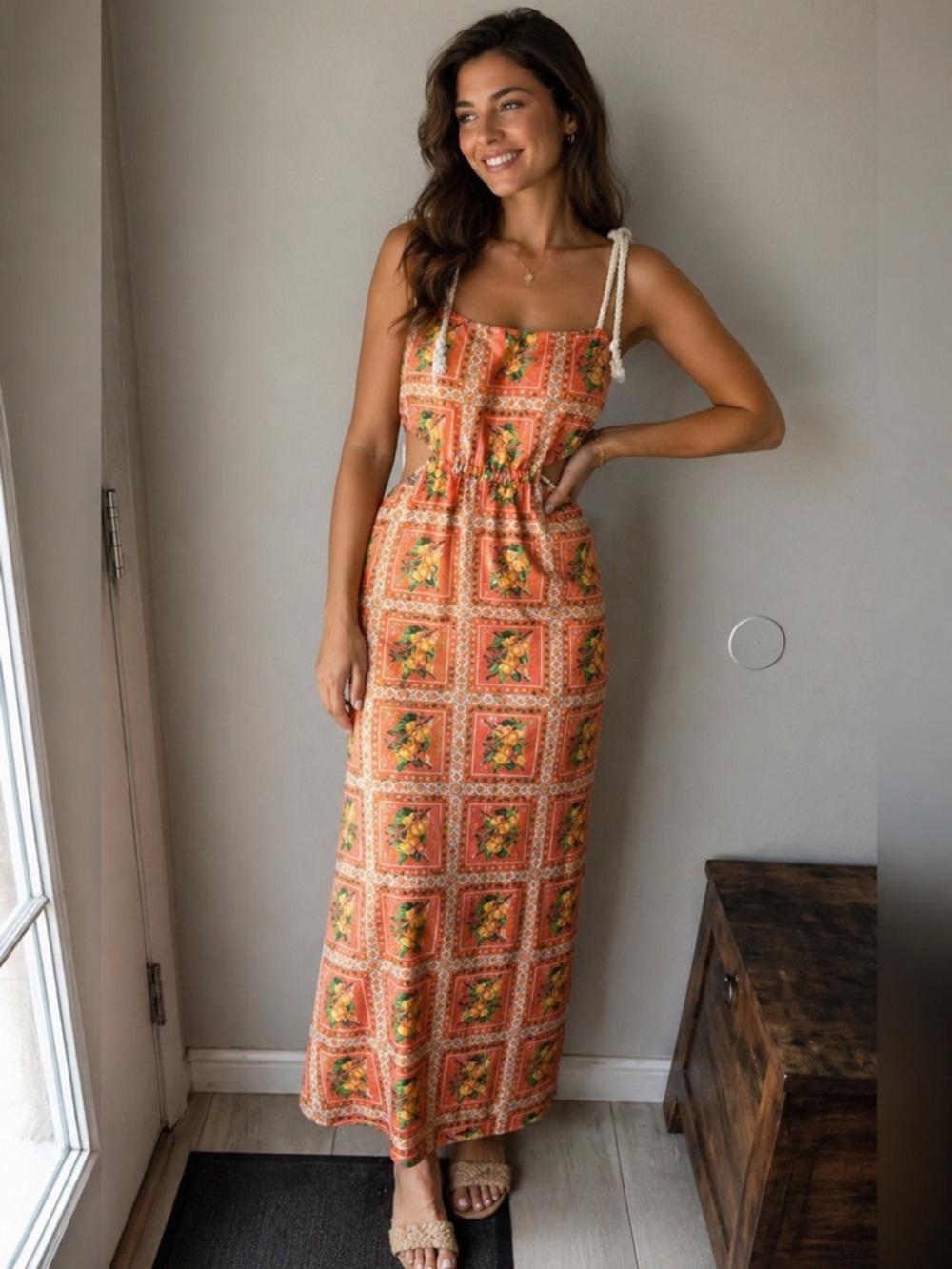Orange Printed Midi Dress with Spaghetti Straps